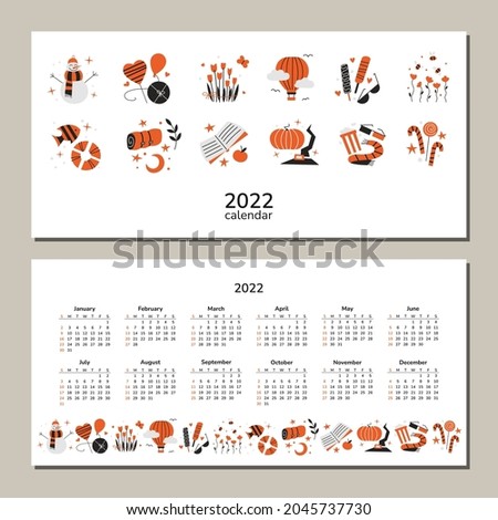 Horizontal calendar 2022. Set of isolated illustrations. Seasons vector clip art. Snowman hearts love flowers balloon food camping traveling book movie Halloween Christmas holidays. New Year of tiger