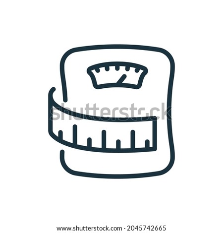 Bathroom Floor Scales with Tape Measure Line Icon. Weight Control Concept Linear Pictogram. Meters for Measuring Weight and Waist Outline Icon. Editable Stroke. Isolated Vector Illustration. Royalty-Free Stock Photo #2045742665
