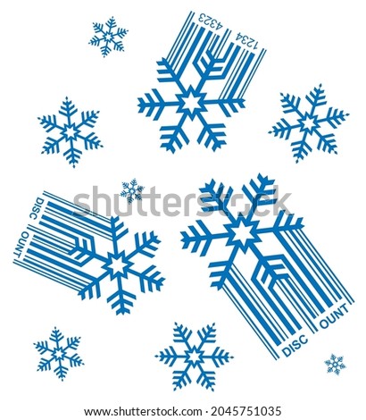 Snowfall of discounts, decorative background.
Illustration of snowflakes with ean code symbolizing falling prices. Vector available.