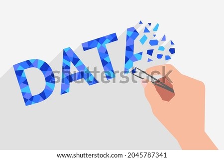 The word DATA broken into fragments, and hand with tweezers combining fragments into one whole. Concept of digital data recovery after system error, computer virus or deletion, safe data storage Royalty-Free Stock Photo #2045787341