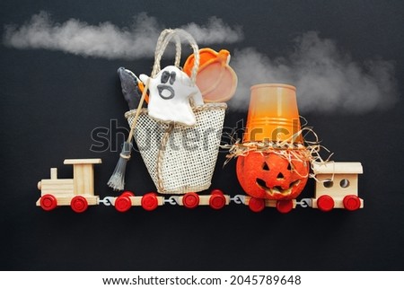 Halloween  kids train  Trick or Treat with pumpkin, ghost, skeleton cookies and sweets. Happy Halloween