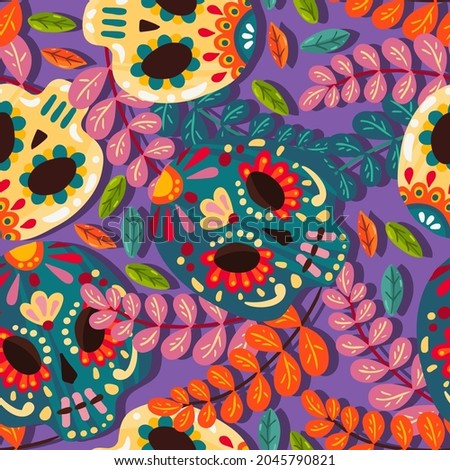 Vector illustration. Die de los muertos. Mexican holiday. The day of the Dead,  festival, dark background, seamless pattern