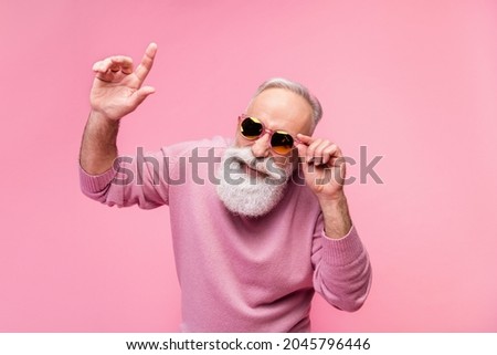 Photo of funky grey beard hair mature man dance wear eyewear sweater isolated on pink background