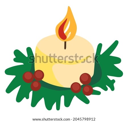 Burning Christmas candle. Colored cartoon doodle of winter attribute. Hand drawn vector illustration. Single drawing isolated on white background. Element for design, print, sticker, card, decor, wrap