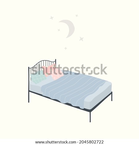 Cute and simple illustration of a comfortable cozy bed with moon and stars above it. Healthy deep sleep and self care concept. Flat hand drawn vector in a calming color palette.