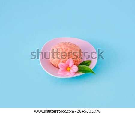 The human brain on a flower tray. Background of the concept of fun and humor.