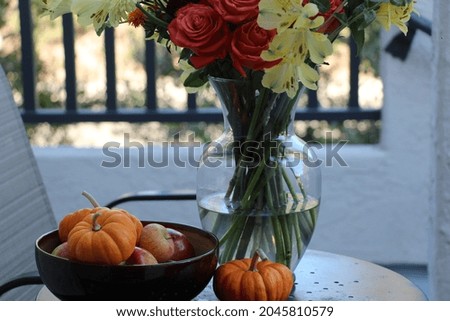 Autumn still life with pumpkins and flowers.