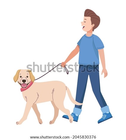 man walking with golden retriever characters
