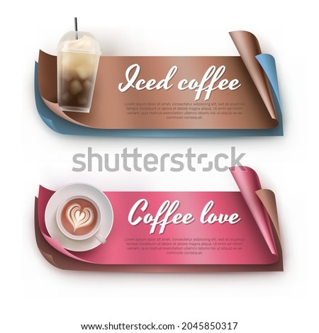 Coffee love label template 3d vector realistic set. Coffee house, cafe branding, menu, invitation, business card, banner, flyer, packaging design illustration isolated on white background.