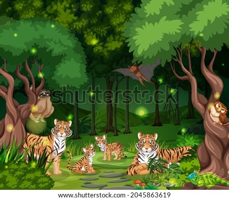 Tiger family in forest landscape background illustration
