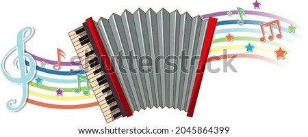 Accordion with melody symbols on rainbow wave illustration