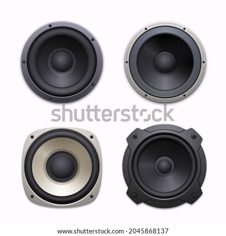 Sound speakers, stereo audio music system icons. Sound system woofers or drivers, 3d realistic vector dynamic loudspeakers with bolted round and square metal frame, rubber or foam ring, diaphragm Royalty-Free Stock Photo #2045868137