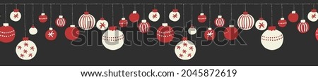 Monochrome Christmas Hanging Baubles Hand Drawn Vector Seamless Pattern Horizontal Border. Winter Holiday, New Year Party Print. Modern Festive Illustration Background Royalty-Free Stock Photo #2045872619