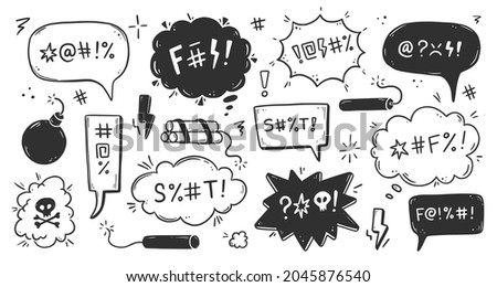 Swear word speech bubble set. Curse, rude, swear word for angry, bad, negative expression. Hand drawn doodle sketch style. Vector illustration. Royalty-Free Stock Photo #2045876540