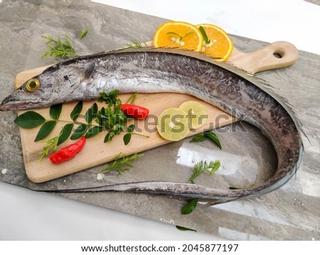 Fresh Largehead hairtail fish,Belt fish decorated with herbs and vegetables on a wooden pad.Selective focus.