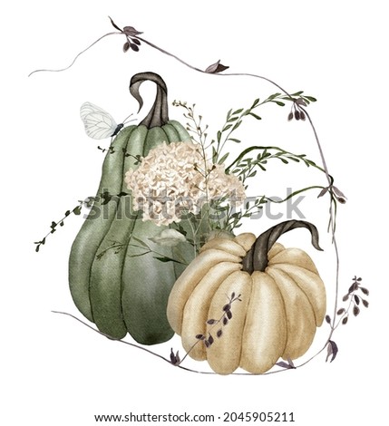 Fall watercolor composition with pumpkins, hydrangeas, wild plants, butterfly, ready to use autumn sublimation design