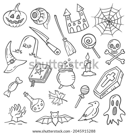 halloween events holiday doodle hand drawn set collections with outline black and white style
