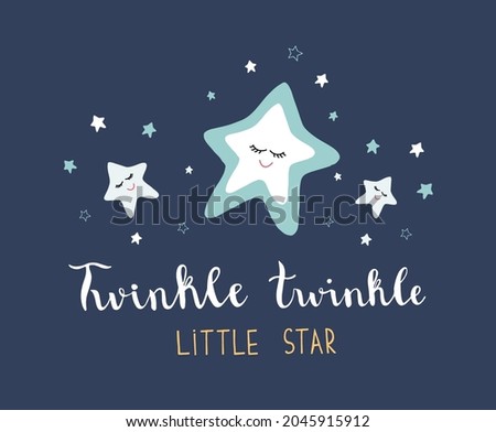 Cute character sleeping star and text Little star. Kids poster. Dark blue sky and white cloud.Good night, little ones. Design for postcards, clothing, posters, t-shirt. Royalty-Free Stock Photo #2045915912