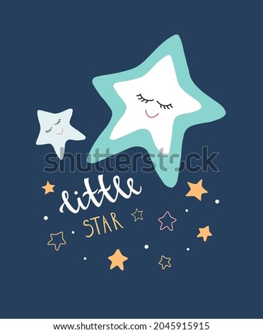 Cute character sleeping star and text Little star. Kids poster. Dark blue sky and white cloud.Good night, little ones. Design for postcards, clothing, posters, t-shirt.