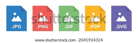 File formats icon. JPG, PNG, GIF, PDF and SVG file document icon vector illustration. Royalty-Free Stock Photo #2045924324