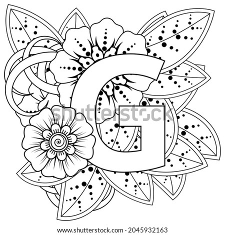 Letter G with Mehndi flower. decorative ornament in ethnic oriental style. coloring book page. 