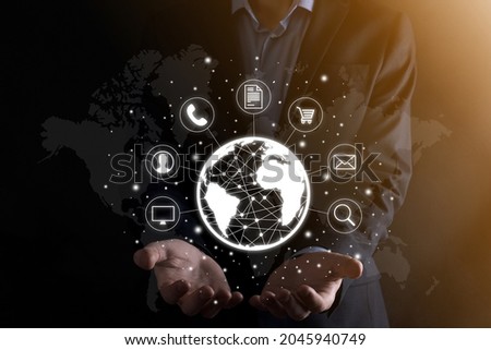 Businessman holds press infographic icon of community technology digital.Concept of hi-tech and big data. Global connection.IoT Internet of Things. ICT Information Communication Network