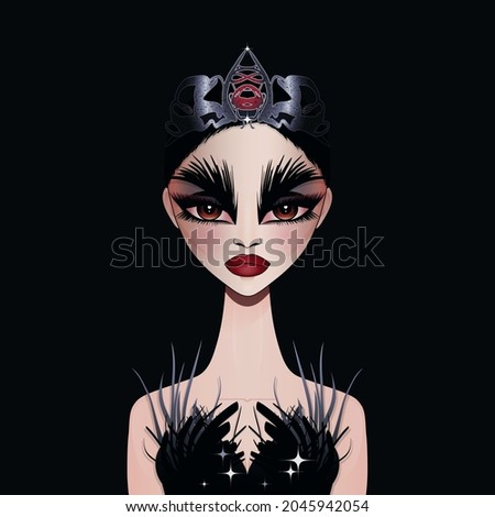 Vector illustration of beautiful dramatic ballerina in black gown with feathers and silver crown diadem. Halloween ballerina character girl. 