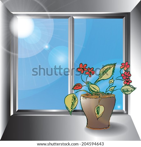 Realistic still life with flower pot on window.