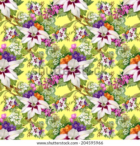 Watercolor floral seamless pattern with clematis flowers on yellow background