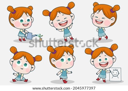 Young smart girl character with different facial expression and hand poses. Facial expression flat vector illustration for game, chat, social media, publishing and books novel
