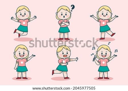Young smart girl character with different facial expression and hand poses. Facial expression flat vector illustration for game, chat, social media, publishing and books novel