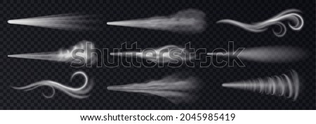 Wind blowing or dust spray, white smoke realistic steam, powder or water drops trail. Flow mist, smoky chemical or cosmetics product vapor. Realistic 3d vector illustration Royalty-Free Stock Photo #2045985419
