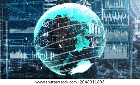 Big Data Technology for Business Finance Analytic conceptual . Modern graphic interface shows massive information of business sale report, profit chart and stock market trends analysis .