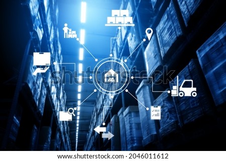 Smart warehouse management system with innovative internet of things technology to identify package picking and delivery . Future concept of supply chain and logistic network business . Royalty-Free Stock Photo #2046011612