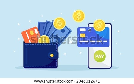 Money transfer with digital wallet. Cashback, reward concept. Mobile phone with banking app, purse with cash, coin, credit card, dollar bill. Online payment. Vector illustration Royalty-Free Stock Photo #2046012671