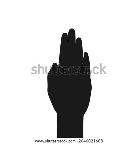 Black open raised hand isolated on white. Human palm. Vow gesture. Person, hand. Creative, art.  Black vector illustration isolated on white.  Royalty-Free Stock Photo #2046021608