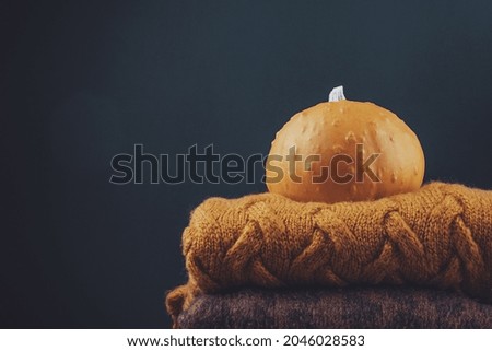 Big pumpkin on a yellow knitted world in a dark key. High quality photo