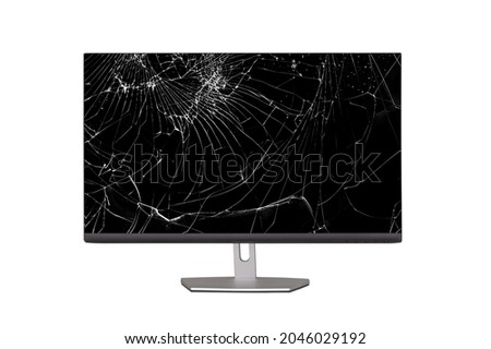 computer monitor with a broken screen isolated on a white background