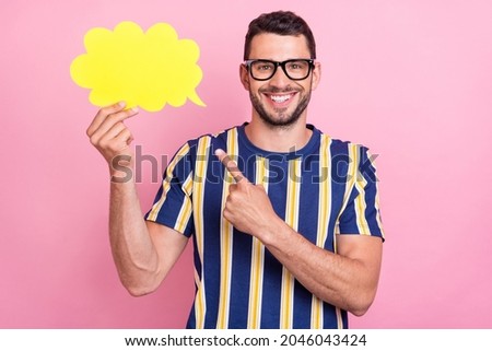 Photo of funny millennial brunet guy point mind wear striped t-shirt eyewear isolated on pink color background