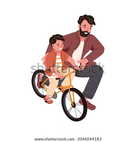 Father teaching son to ride bicycle. Kid with bike learning to cycle with help of dad. Boy and daddy at outdoor leisure activity. Flat vector illustration of parent and child isolated on white
