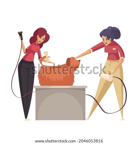 Flat grooming icon with women drying dog with long fur vector illustration