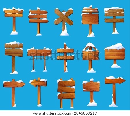 Wood sign posts with snow cartoon vector set. Winter wooden sign boards, road direction signboards and arrow pointers, guideposts and billboard poles with snow caps, ice and icicles Royalty-Free Stock Photo #2046059219