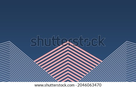 Vector abstract two small building and center building skyscraper boxes from line shape pattern on dark blue sky gradient background. Minimal trendy architecture template concept. Royalty-Free Stock Photo #2046063470