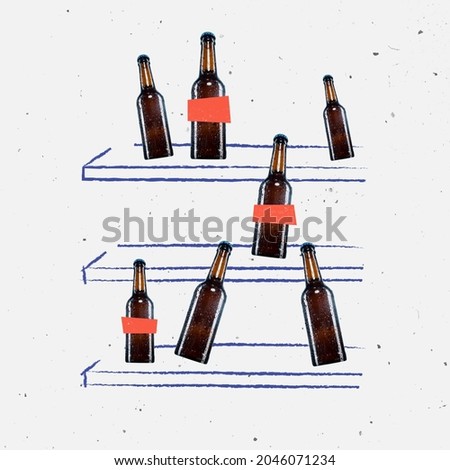 Going to shopping. Contemporary art collage, modern design. Retro, minimalism style. Beer, wine bottles isolated on light background. Concept of vacations, sales, ad, holidays. Illustration