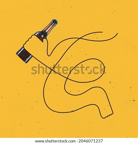 Line art. Contemporary art collage, modern design. Loneliness mood. Black drawn female body, hand with beer bottle isolated on bright yellow background.. Illustration. Concept of art, painting, sales