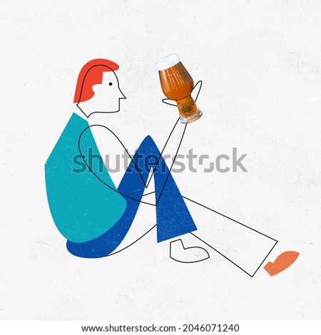 Line art. Contemporary art collage, modern design. Red-headed drawn man sitting on floor with glass of beer isolated on white background. Illustration. Concept of art, painting, sales, ad. Colorful