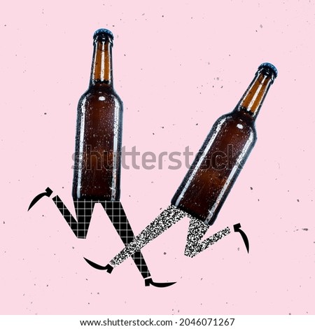 Drink and dance. Contemporary art collage, design. Retro, minimalism style. Beer, wine bottles with human legs isolated on light background. Concept of vacations, sales, ad, holidays. Illustration