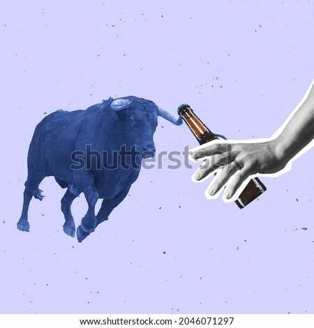 Contemporary art collage, modern design. Holiday mood. Composition with painted old navy color bull opening beer bottle by horn isolated on light background. Surrealism