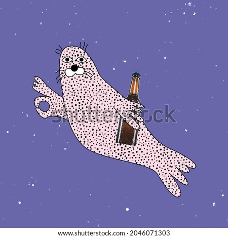 Contemporary art collage, modern design. Holiday mood.Composition with painted sea cat, seal swiming with beer bottle on purple background. Festival, drinks, vacation, fun mood. Surrealism