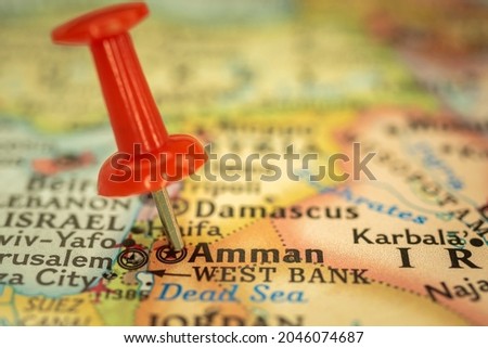 Location Amman in Jordan, travel map with push pin point marker closeup, Asia journey concept
